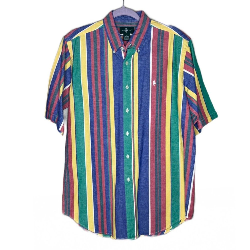 Vtg Hunt Club Mens Shirt Size M Button Down Blue Red Green Stripe B5